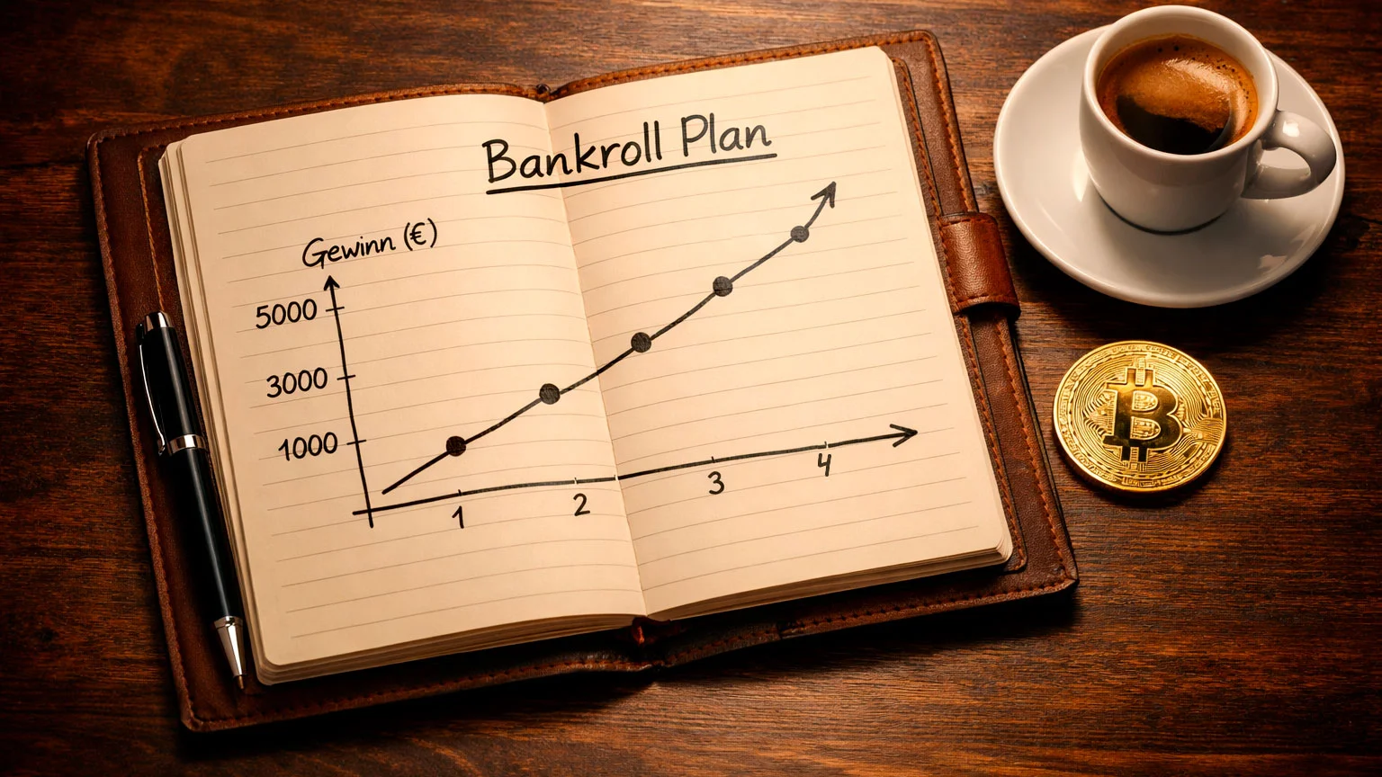 Notizbuch mit Sportwetten-Strategie und Bankroll-Planung neben einem Stift auf dem Tisch