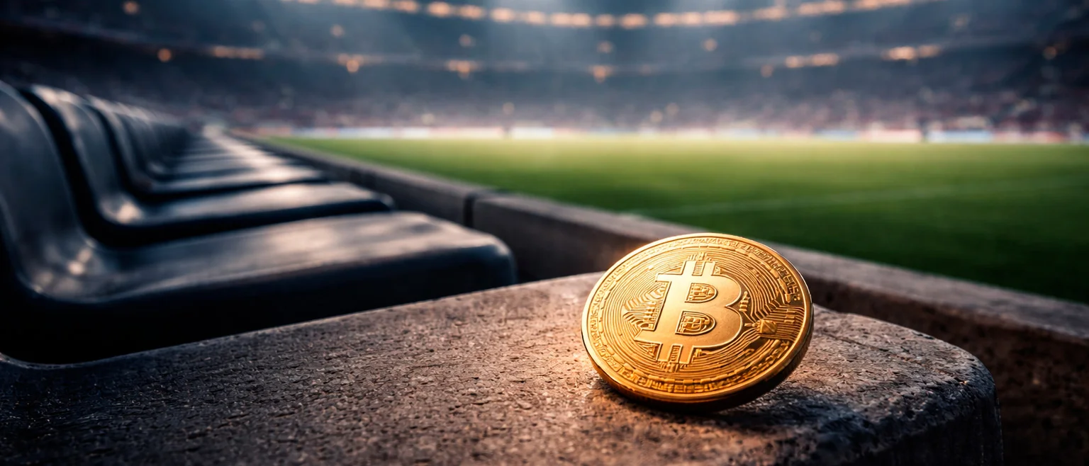 Bitcoin-Münze auf einer Sportarena-Tribüne bei Flutlicht – Sportwetten mit BTC in Deutschland
