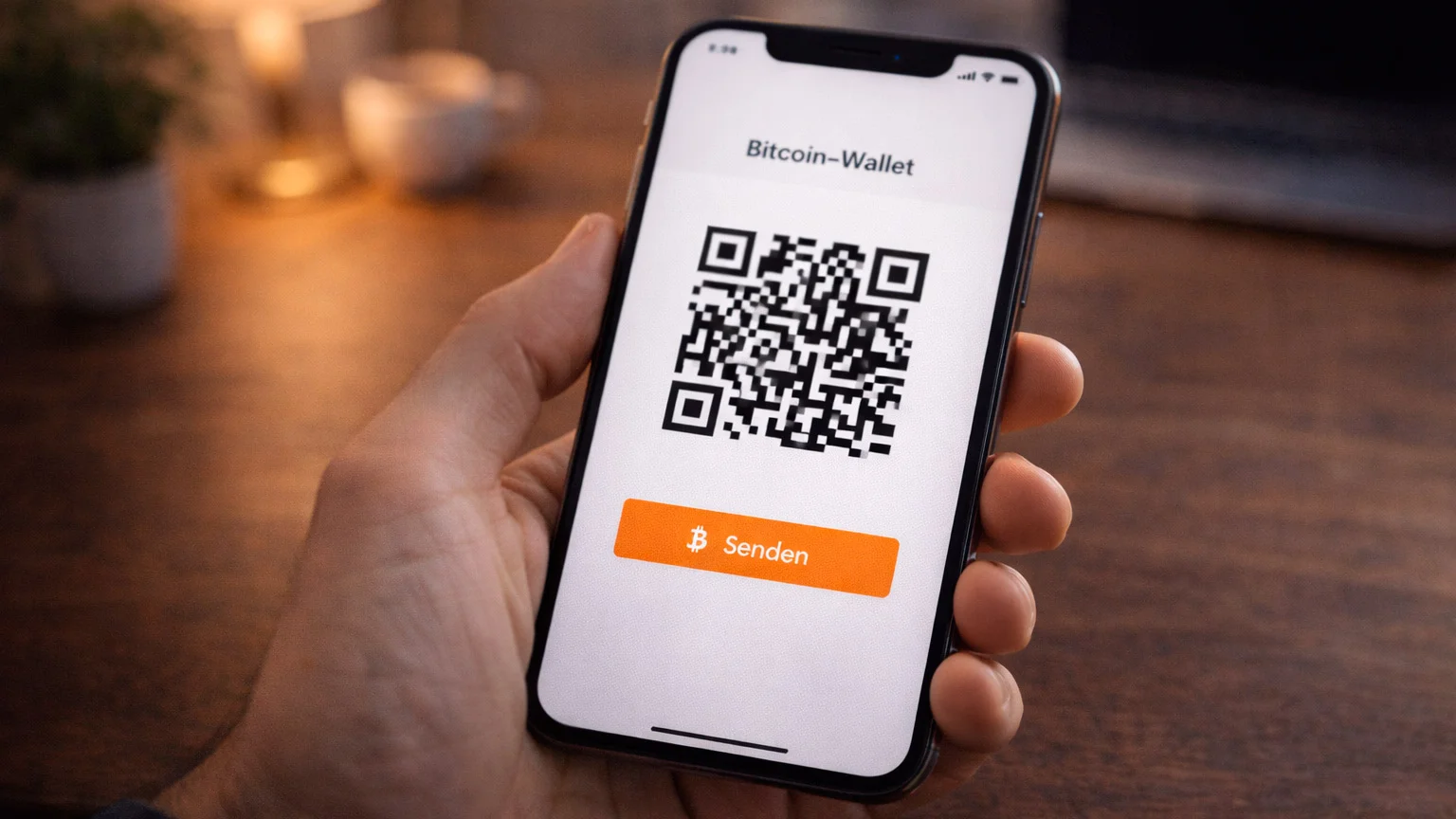 Hand hält Smartphone mit Bitcoin-Wallet-App und QR-Code für Sportwetten-Einzahlung