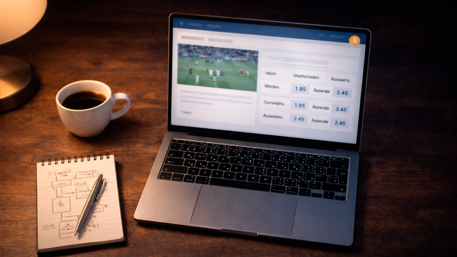 Laptop mit geöffneter Sportwetten-Plattform und Bitcoin-Logo auf dem Bildschirm
