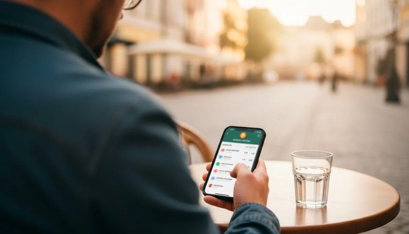 Person tippt unterwegs auf dem Smartphone eine Sportwette mit Bitcoin ein